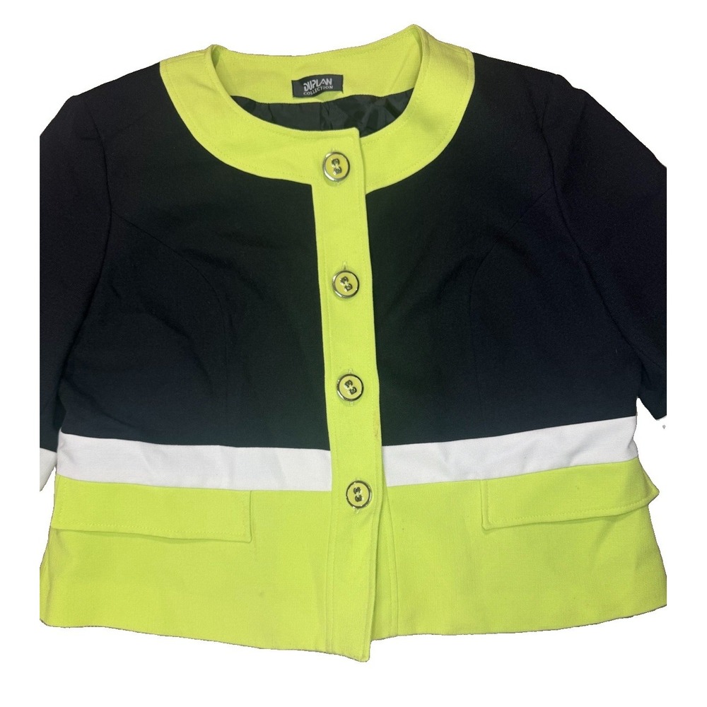 DIPLAN Collection Color Block Cropped Jacket Blazer Lime Green Black White Women